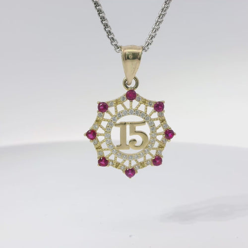 14KT Gold Charm Medium Quinceanera "15" Open Webbed Wreath with Dark Pink and White Round CZ Stones Border with Plain Bell