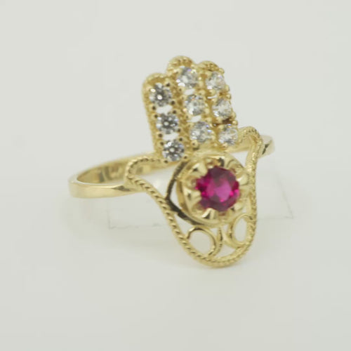 14KT Gold Ring Women's Hansa Hand Red Round Center CZ Stone with 3 White CZ Stones on 3 Fingers and Plain Band