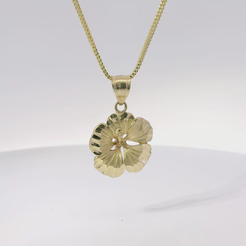14KT Gold Charm Large Hibiscus Flower with Diamond Cut Edges and Plain Bell