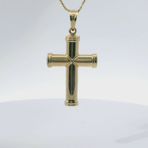 14KT Gold Charm Medium Crossed Center Cross with Plain Bell