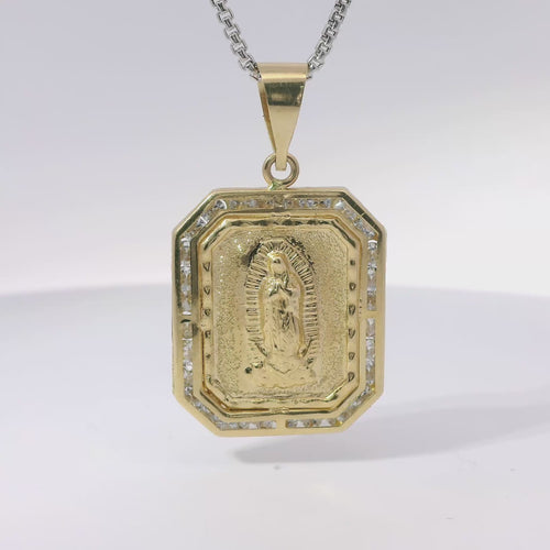14KT Gold Charm Large Octagon Rectangle Virgin Mary Center with White CZ Stone Border and Plain Bell