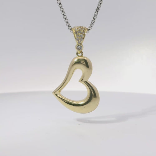 14KT Gold Charm Medium Tilted Open Center Flat Back Puff Heart with White CZ Stones Bell