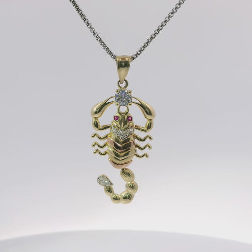 14KT Gold Charm Large Tri Tone Scorpion with Jointed Tail White CZ Stones Tail Tip Center Stone and Joint with Plain Bell