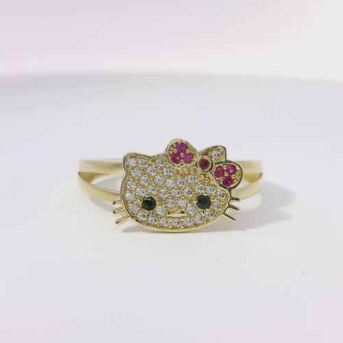 14KT Gold Ring Women's Hello Kitty Head with White CZ Stone Face Black Eyes and Pink Bow with Plain Split Band