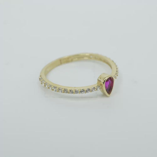 14KT Gold Ring Women's Red Pear Tear Drop Center CZ Stone with Round White CZ Stones Band