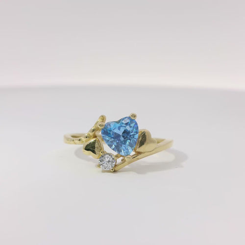 14KT Gold Ring Women's Light Blue Heart Shape Center CZ Stone Left White Round CZ Stone with Two Plain Hearts and Plain Bypass Band Upper - Rope Lower Band Plain