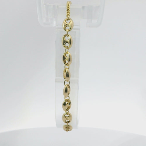 14KT Gold Bracelet Women's Plain Puff Mariner Links with Cable Link Band and White CZ Stone End Cable Link Lobster Clasp
