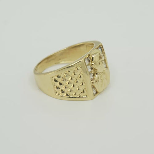 14K Gold Ring Men's Square Malverde Portrait with White CZ Stone Background Plain Border and Diamond Cuts on Each Side of the Band