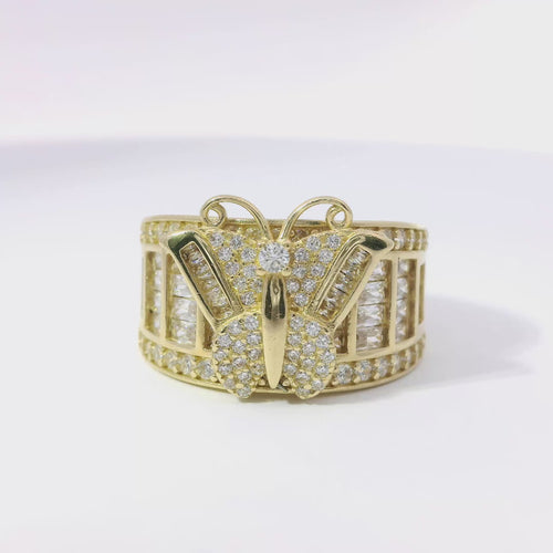 14KT Gold Ring Women's Butterfly Center with White CZ Stone Baguette Top Wings and Round Lower Wings with Three Section Baguette Band with Round White CZ Stones Border