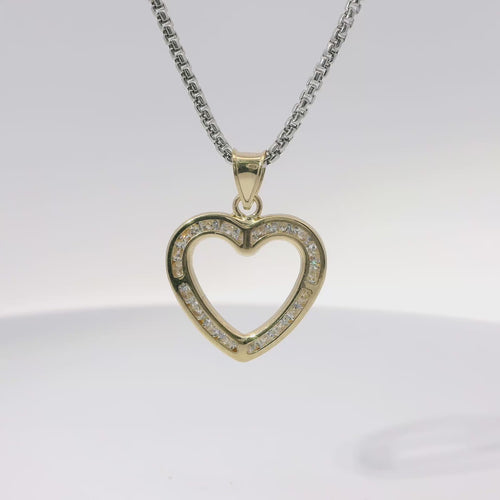 14KT Gold Charm Medium White CZ Stones Open Heart Outline with Plain Bell