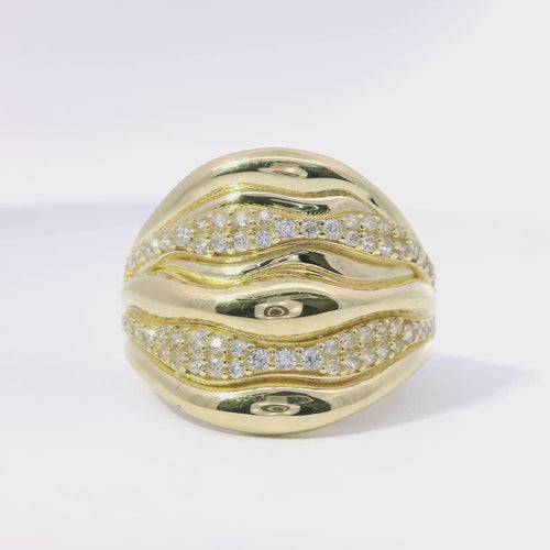 14KT Gold Ring Women's Seven Row Wavy Band with Alternating Plain/ White CZ Stone Rows