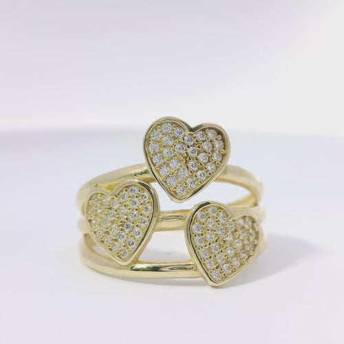 14KT Gold Ring Women's White CZ Stones Heart Centers on Each Triple Split Band