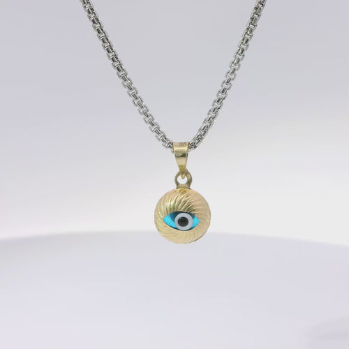 14KT Gold Charm Small 3D Round Turquoise Evil Eye with Plain Bell