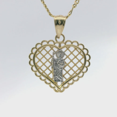 14KT Gold Charm Medium Two Tone Lattice Heart St Jude with Scallop Border and Plain Bell