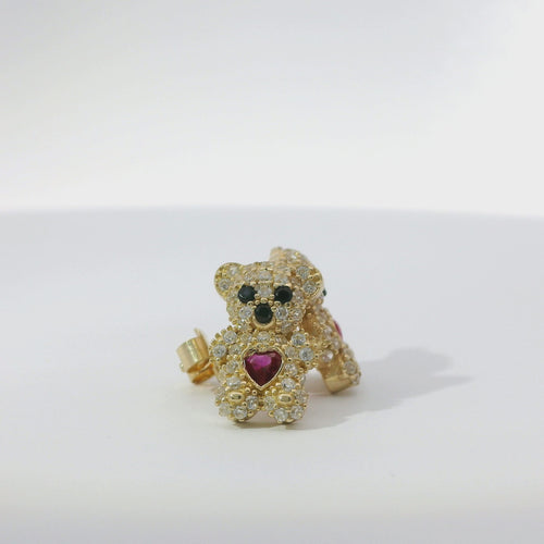 14KT Gold Earring Small White CZ Stones Teddy Bear with Black CZ Stones Eyes, Red Heart CZ Stone Belly, Push Back Post, and Butterfly Backs