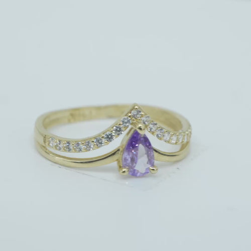 14KT Gold Ring Women's Purple Pear Center CZ Stone with Spit Chevron Upper White CZ Stone Band and Lower Plain Band