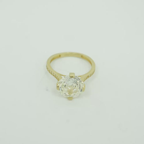 14KT Gold Women's Ring Octagon Rose Jumbo 4 Prong White CZ Center Stone with Round White Pave CZ Stone Band