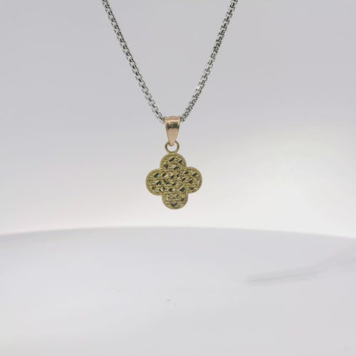 14KT Gold Charm Small Clover Nugget with Beaded Border and Plain Bell