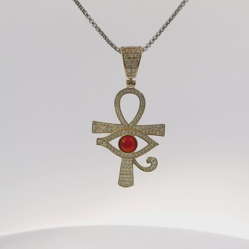 14KT Gold Charm Large White CZ Stones Ankh with Red Eye of Horus Center and White CZ Stones Bell
