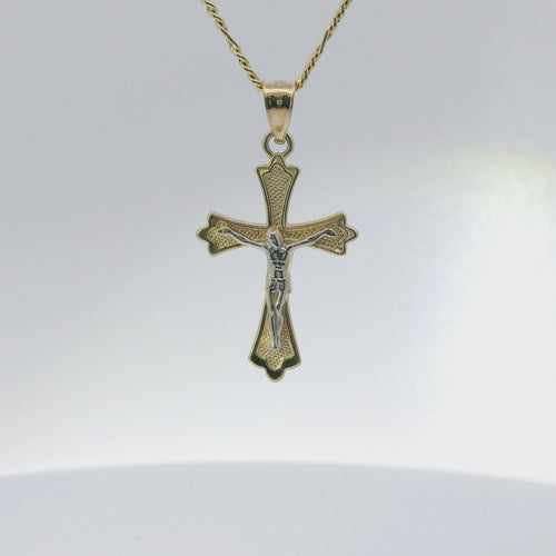 14KT Gold Charm Small Two Tone Point Flare Ends Crucifix Cross with Plain Bell