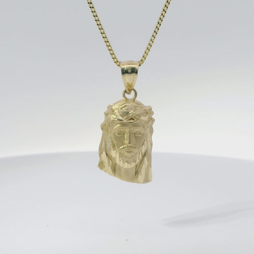 14KT Gold Charm Small Diamond Cut Slant Bottom Jesus Head Front Portrait with Plain Bell