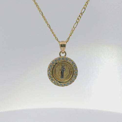 14KT Gold Charm Extra Small Round Two Tone St Benedict Coin with White CZ Stones Border and Plain Bell