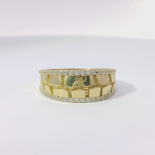 14KT Gold Ring Unisex Mini Nugget Band with White CZ Stone Border