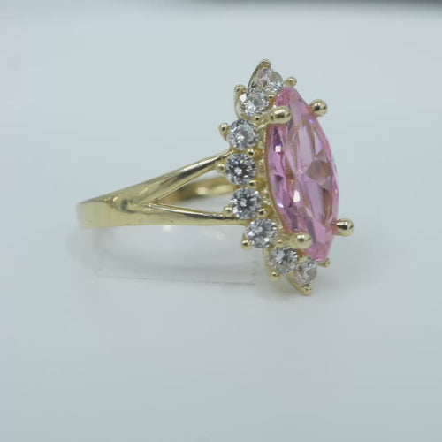 14KT Women's Gold Ring Jumbo Pink Marquise Center CZ with Round White CZ Stones Border and Plain Split Band