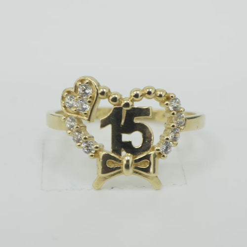 14KT Gold Ring Women's "15" Bow Quinceanera Heart Shape White CZ Stones Border and Plain Border Corner Three CZ Stone Heart Plain Band