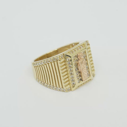 14KT Gold Ring Men's Rectangle Two Tone Raised St. Jude Center with White CZ Stone Background and Single Row White CZ Stone Border Band Design White CZ Stones Border Stripe Etched Background
