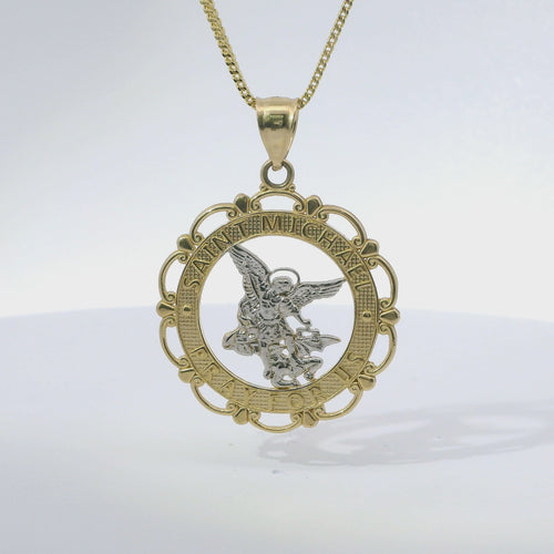 14KT Gold Charm Medium Two Tone Open Center St Michael "PRAY FOR US" Coin with Open Scallop Edge and Plain Bell