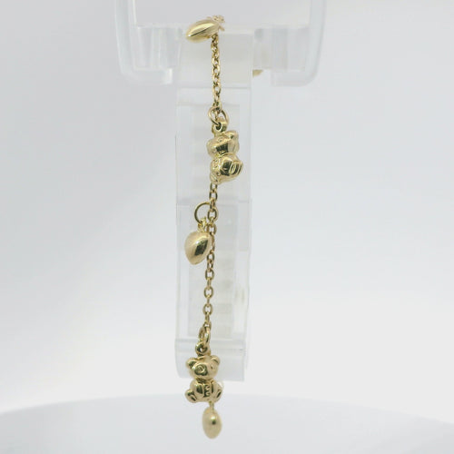 14KT Gold Bracelet Women's Charm Alternating Plain Puff Hearts and Plain Puff Teddy Bears with White CZ Stone End Cable Link Lobster Clasp Band