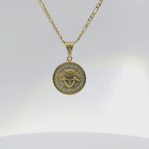 14KT Gold Charm Small Medusa Coin with White CZ Stones Border and Plain Bell