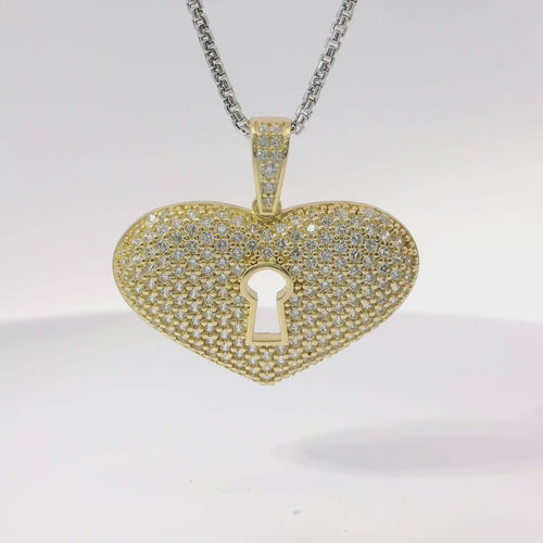 14KT Gold Charm Jumbo Keyhole Center White CZ Stones Heart with White CZ Stones Bell