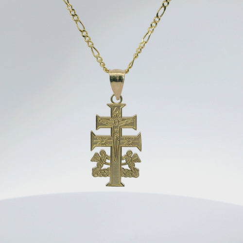 14KT Gold Charm Small Flat Caravaca Crucifix Cross with Plain Bell