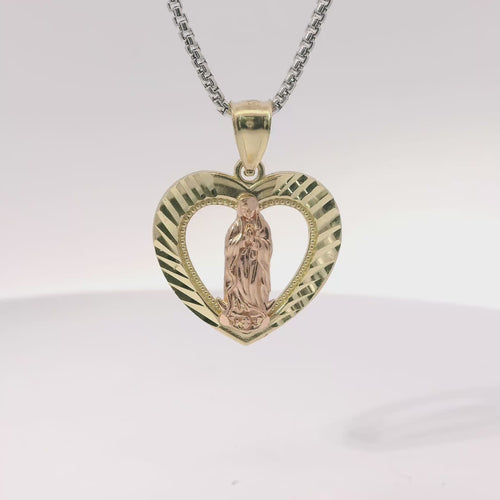14KT Gold Charm Medium Two Tone Virgin Mary Open Diamond Cut Heart with Plain Bell