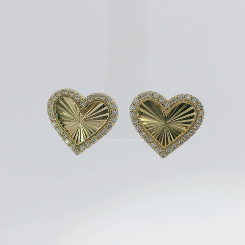 14KT Gold Earrings Medium Sunray Heart with White CZ Stones, Push Back Post and Butterfly Backs