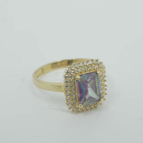 14KT Gold Ring Women's Iridescent Rectangle Center CZ Stone with Double Round White CZ Stones Border and Plain Band