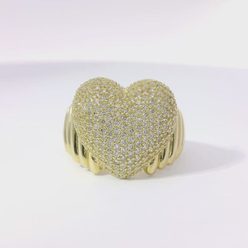 14KT Gold Ring Women's Jumbo Bubble White CZ Stones Heart with Plain Ribbed Band