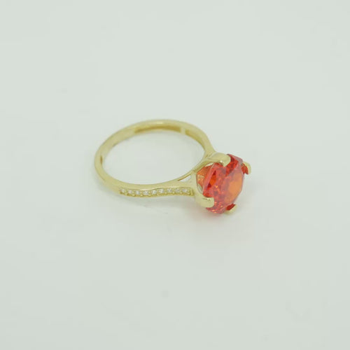 14KT Gold Women's Ring Octagon Rose Jumbo 4 Prong Burnt Orange CZ Center Stone with Round White Pave CZ Stone Band