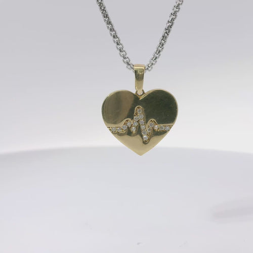 14KT Gold Charm Medium Plain Heart with White CZ Stones Pulse Center and Plain Bell