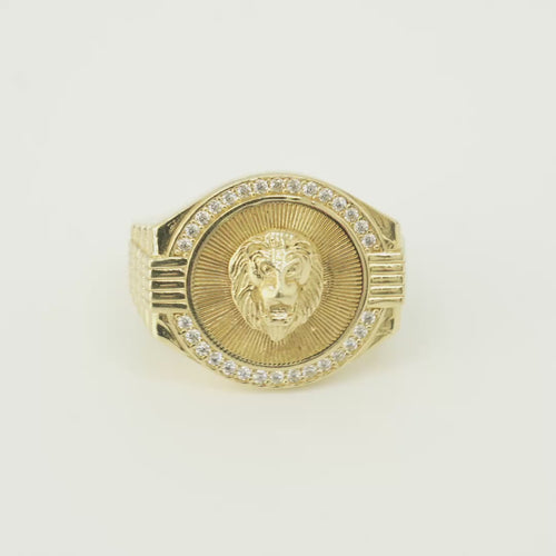 14KT Gold Ring Men's Round Raised Lion Head Coin Design with Single Row White CZ Stone Border Shank Design Four Ridges Under Four Bar Waterfall Edge