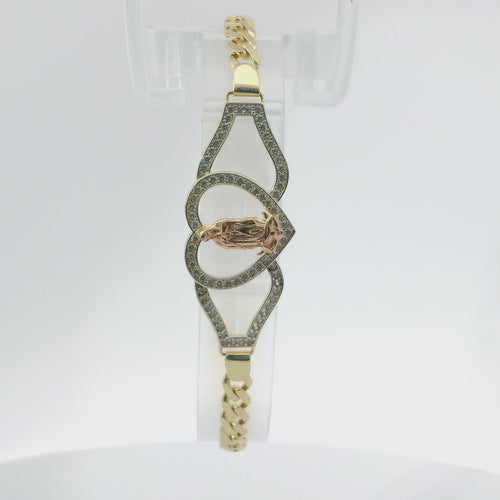 14KT Gold Bracelet Women's Two Tone "15" Quinceanera Plaque with Heart Center and White Gold White CZ Stones Border and White CZ Stone End Cuban Link Lobster Clasp