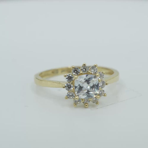 14KT Gold Ring Women's Flower Square White Center with White CZ Stone Petals Border Plain Band