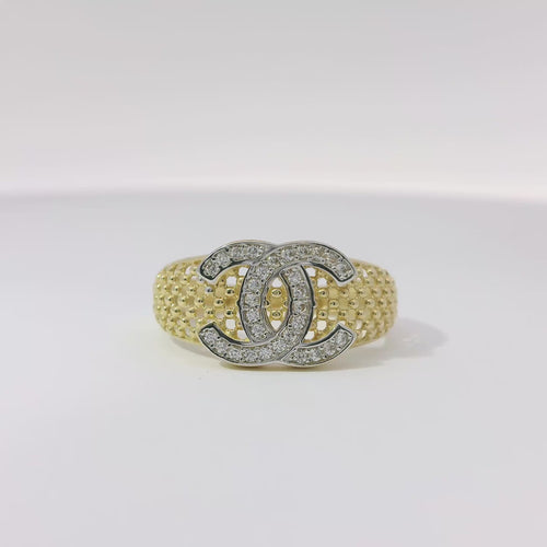 14KT Gold Ring Women's Two Tone White CZ Stone Honeycomb Lattice Band with Raised CC Cluster Center