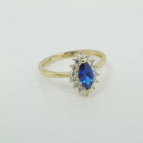 14KT Gold Ring Women's Flower Navy Blue Marquise Center CZ Stone with White CZ Stone Petal Borders and Plain Band