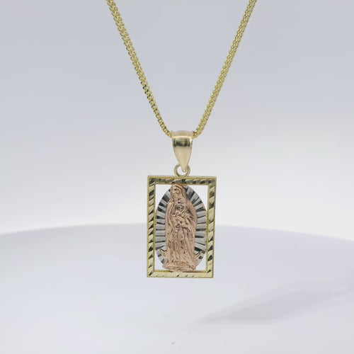 14KT Gold Charm Medium Rectangle Tri Tone Virgin Mary with Diamond Cut Open Frame Border and Plain Bell