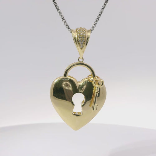 14KT Gold Charm Large Flat Back Lock and Key Puff Heart with White CZ Stones Edge and Bell