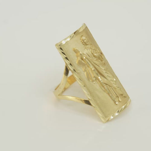 14KT Gold Ring Men's Rectangle St. Jude Full Body Portrait Etched Border Split Band Sides