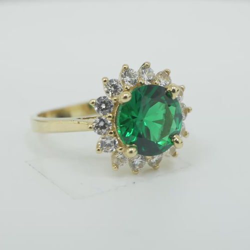 14KT Gold Ring Women's Jumbo Dark Green Round Center CZ with Round White CZ Stones Border and Plain Band
